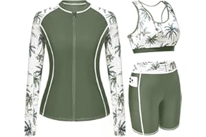 Daci Women 3 Piece Rash Guard - 3PC Long Sleeve Zip up Swim Shirt Sports Bra Modest Swimsuit with Shorts
