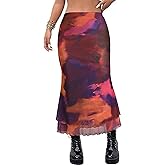 Avanova Women Boho Floral Mesh Long Skirts Elastic High Waisted Mermaid Hem 90s Grunge Maxi Skirt