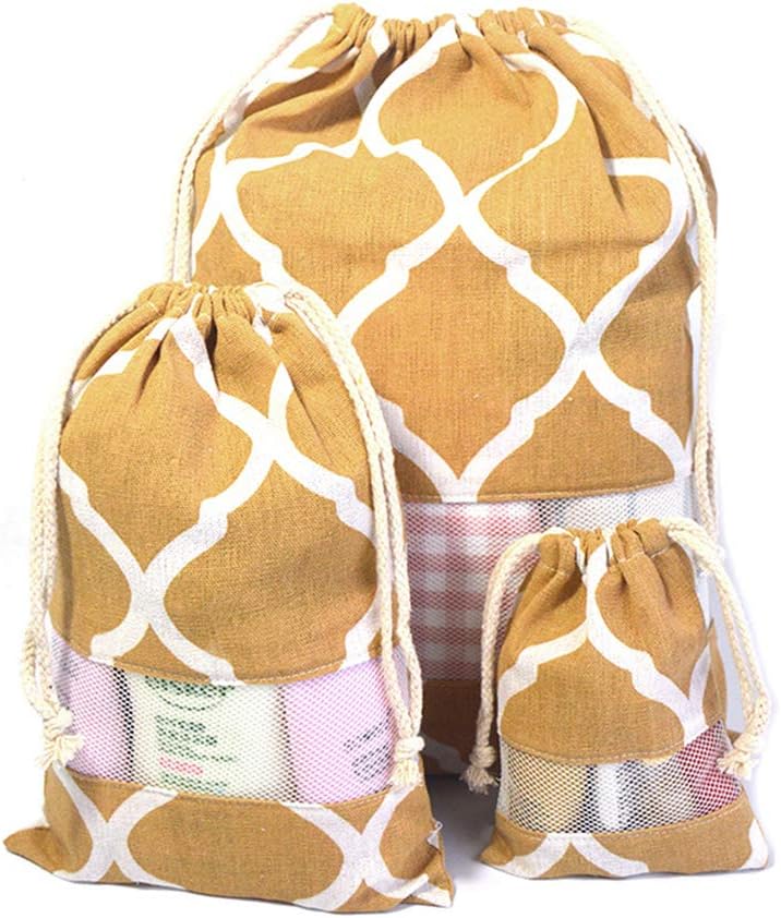 Belsmi 3 Set Cotton Storage Pouch Laundry Bag Drawstring Travel Breathable Dust-Proof Multi-Functional Bag (Yellow Lattice)