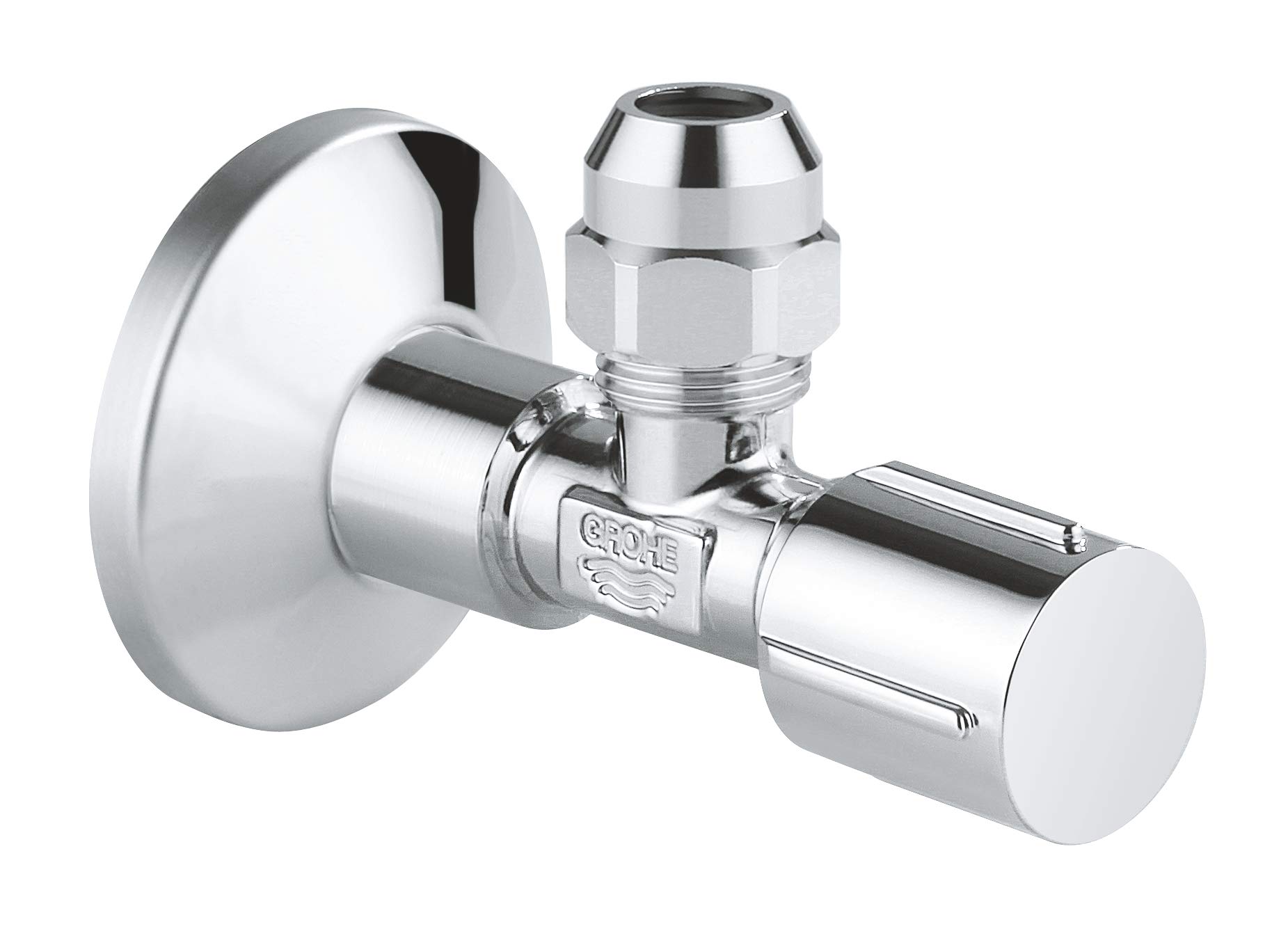 GROHE Angle Valve (wall Connection 1/2 inch, Outlet 3/8 inch, with Length Compensation, with 10 mm Compression Fitting, Ergonomic Metal Handle, with Grease Chamber and O-Ring Seal), 22045000