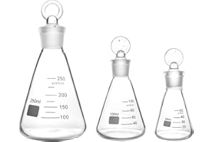 QWORK Borosilicate 3.3 Glass Erlenmeyer Flask Set (50, 100 and 250ml), 3 x Graduated Conical Flask with Glass Stopper for Lab, Experiment, Chemistry