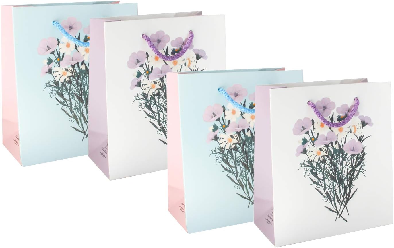 Emartbuy Set of 4 Luxury Gift Bag Strong Laminated Paper Mixed Colours 18 x 16 x 8 cm, Floral Bouquet, Set of 4