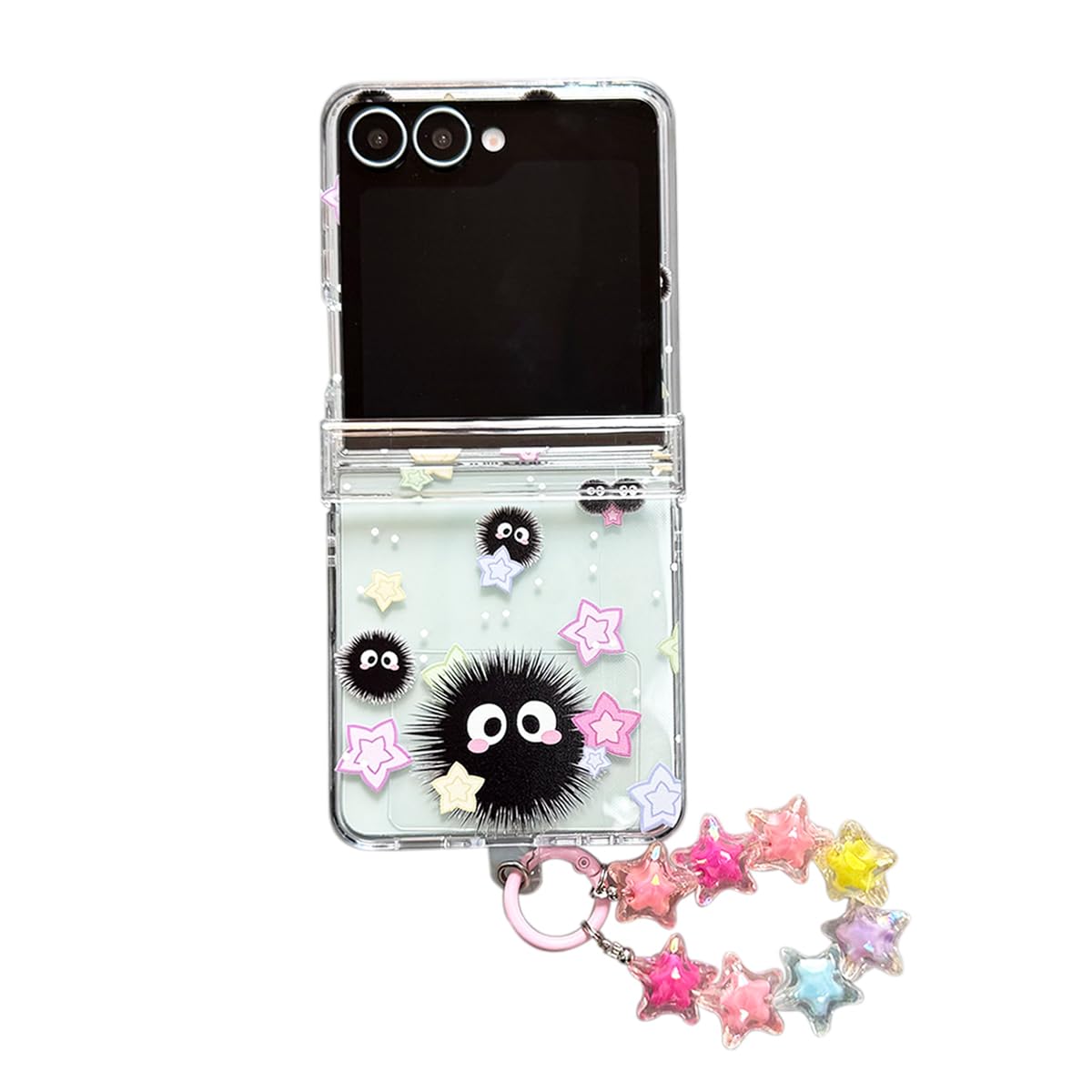 GO-VOLMON Girls Strap Case for Galaxy Z Flip 7 with Stars and Cute Design, Lovely Woman Wristband Cover Kawaii Cartoon Soot, Girly Hinge Protect Case for Z Flip 7 Clear