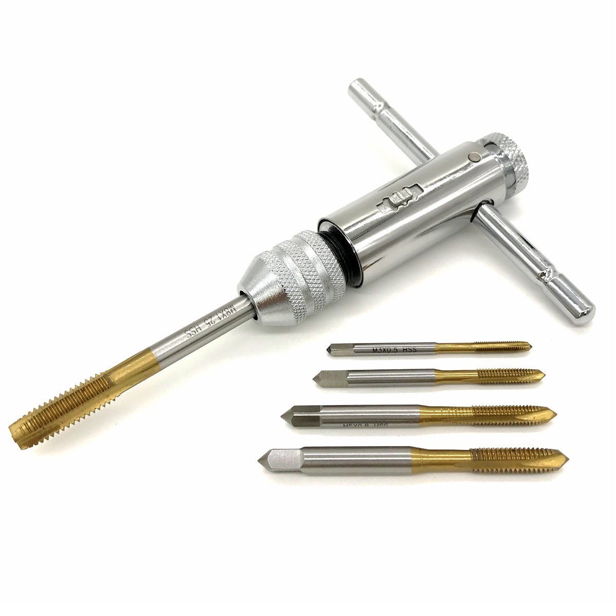 WOLOVO Adjustable M3-M8 3mm-8mm HSS T-Handle Reversible Ratchet Wrench Tapping Threading Tool with Gold Hand Screw Tap