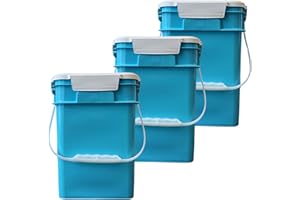 House Naturals 4 Gallon Square Food Grade Bucket Pail with Plastic Handles and Lid (Pack of 3) Made in USA containers (Aqua-White lids)