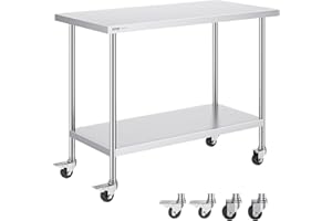 VEVOR Stainless Steel Work Table 24 x 48 x 38 Inch, with 4 Wheels, 3 Adjustable Height Levels, Heavy Duty Food Prep Worktable