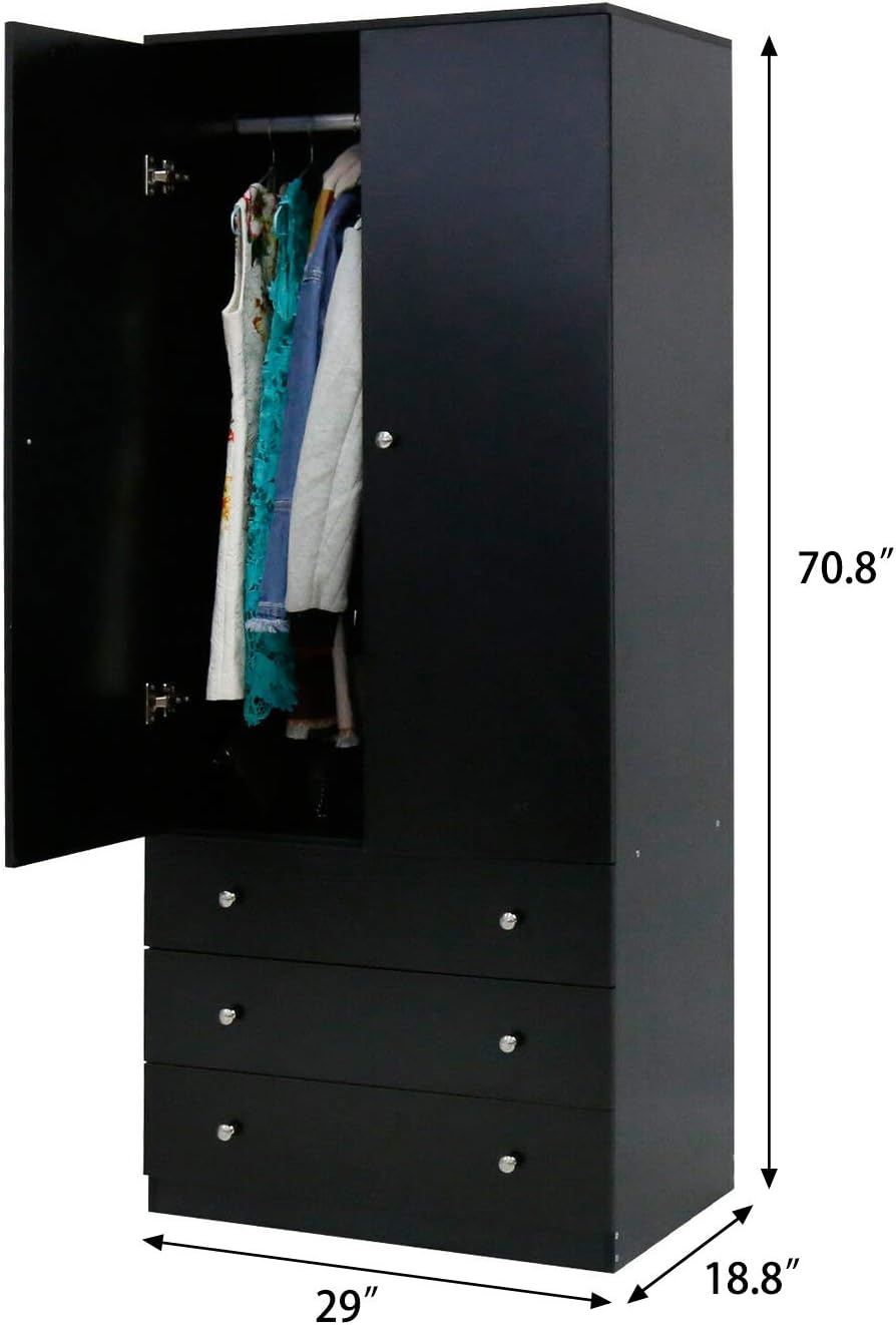 discount wardrobe closet on Furniture Kinsuite Armoire Wardrobe Closet With 3 Drawers And Hanging Rod 2 Door Cabinet For Bedroom Clothes Black Home Kitchen
