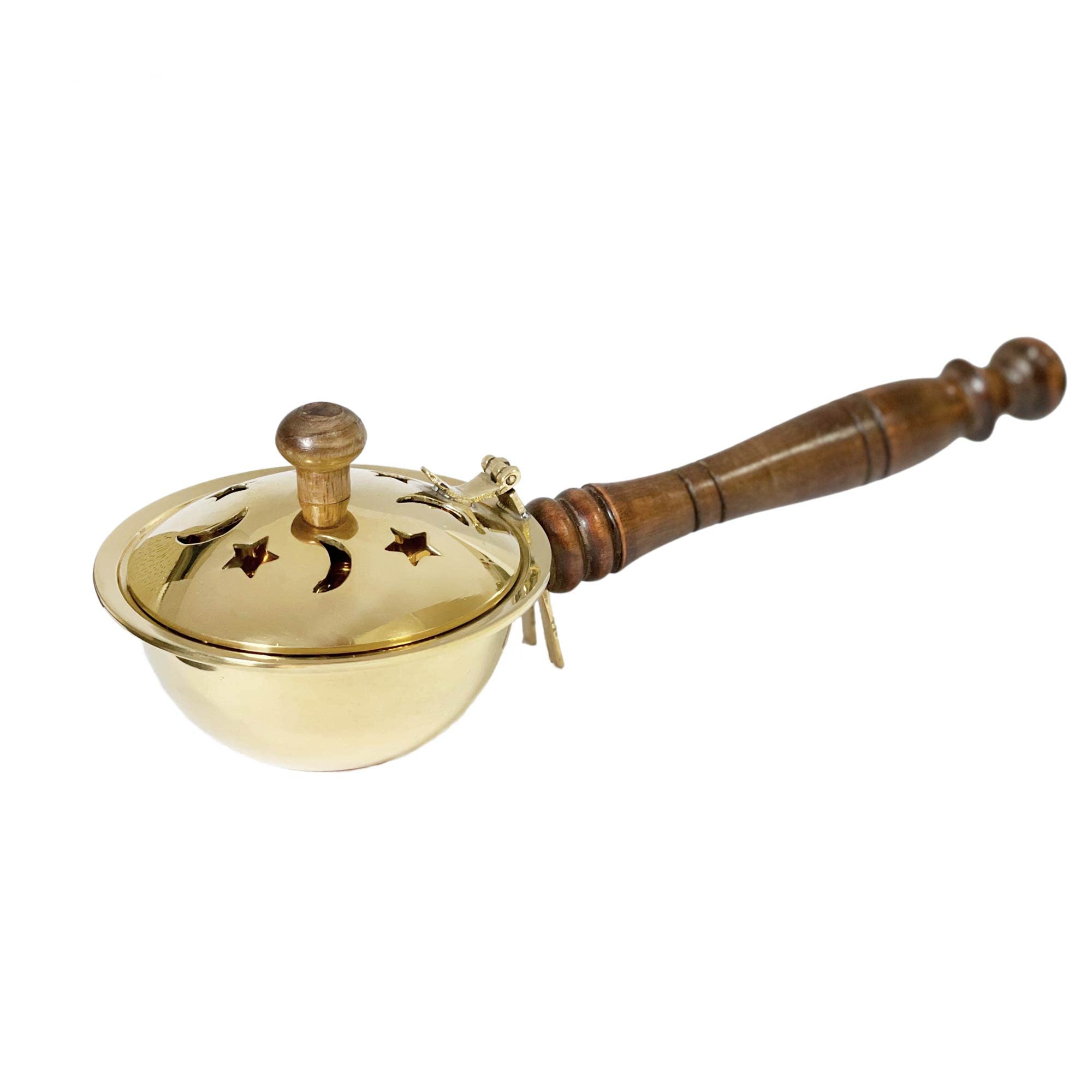 Incense burner incense stand with hinged lid wooden handle oriental gold new 1602