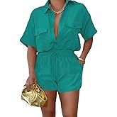 2 Piece Outfits for Women Summer Casual Short Sleeve Button Down Tops Blouses Shirts and Shorts Set with Pockets Romper