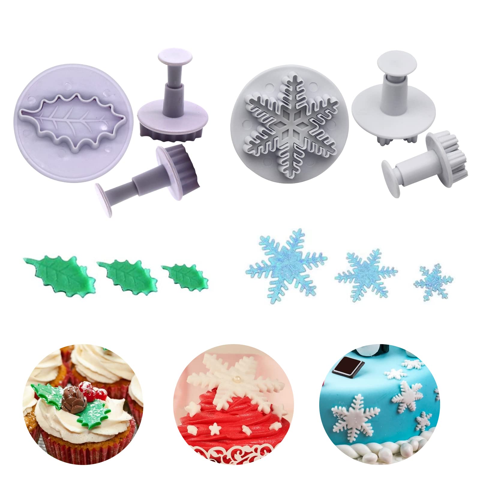 Fondant Cutters Tools, 6Pcs Christmas Cookie Cutters Christmas Snowflake Cake Plunger Cutter Holly Leaf Plunger Cutter Cake Decorating Tools for Sugar Craft Decorating Baking Tools