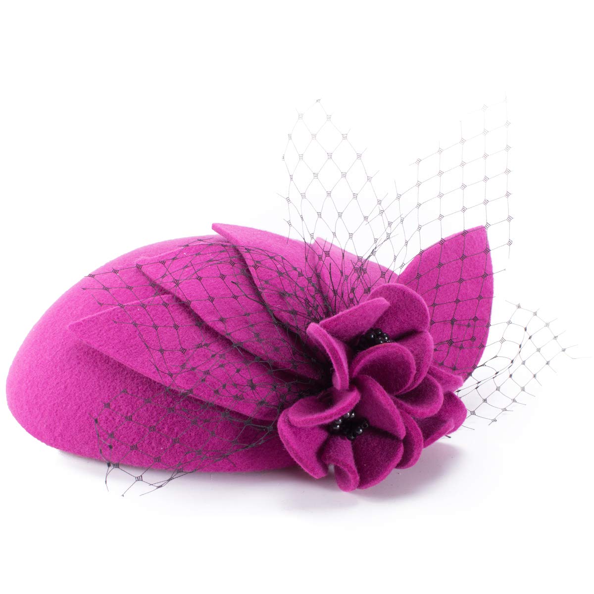 Lawliet Ladies Socialite Flower Black Pearl Wool Fascinator Pillbox Tilt Cocktail Hat (Hot Pink)