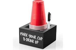 DRASTAR Cup Holder with Marker Slot, Mark Your Cup and Drink Up Caddy, Farmhouse Drink Holder for Party Bar, Black Wood Disposable Cup Holder, Plastic Cup Organizer, Gift for Hostess, Black