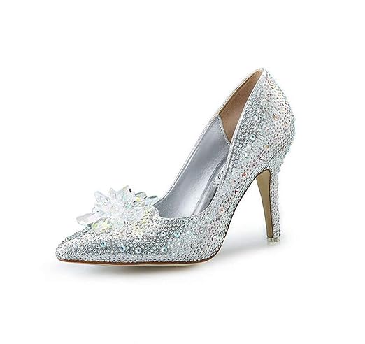 HhGold Cinderella Kristall Schuhe Braut Hochzeit Schuhe Damen Stiletto spitz Schuhe 7cm (Farbe : Silber, Größe : 41)