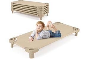 HONEY JOY Kids Daycare Cots, Pack of 6, 52” L Stackable Toddler Nap Cots for Resting, Naptime, Easy Lift Corners, Ready-to-Assemble, Heavy Duty Sleeping Cots for Preschool (Beige)
