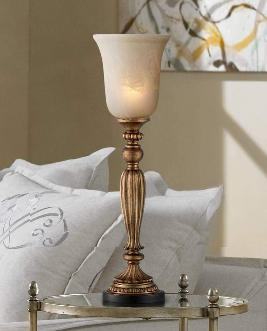 Regency Hill Fluted Column Traditional Vintage Uplight Table Lamp 27 3/4" Tall Florentine Bronze Brown Alabaster Glass Shade for Bedroom Living Room House Bedside Nightstand Office Family
