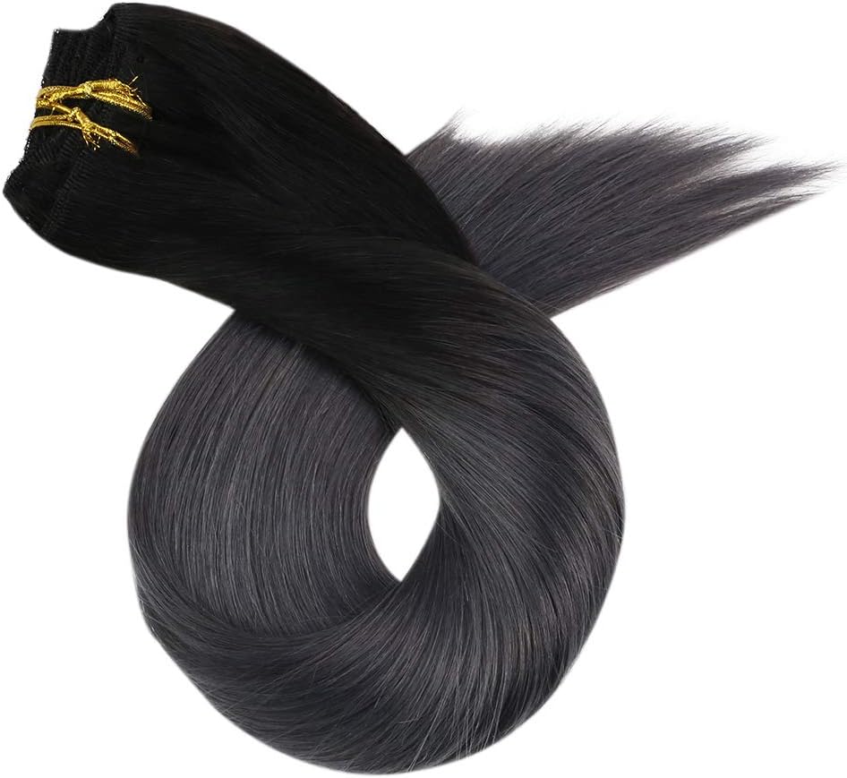Ugeat Hair Extensions Clip in Human Hair 16 Inch Clip in Hair Extensions Full Head Natural Human Hair Remy Straight Hair 100g 7pcs Clip in Human Hair Extensions Off Black Ombre to Silver