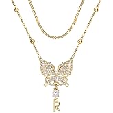 MEIITRUE Butterfly Initial Necklaces for Women 14K Gold Plated Dainty Layered Beaded Chain Necklace with Cubic Zirconia Butterfly Pendant Letter Charm Personalized Stackable Jewelry Gift for Her