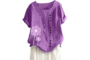 ATTINE Womens Tops Dressy Casual, Womens Cotton Linen Floral Tops Short Sleeve Pullover Round Neck Casual Elegant T-Shirts