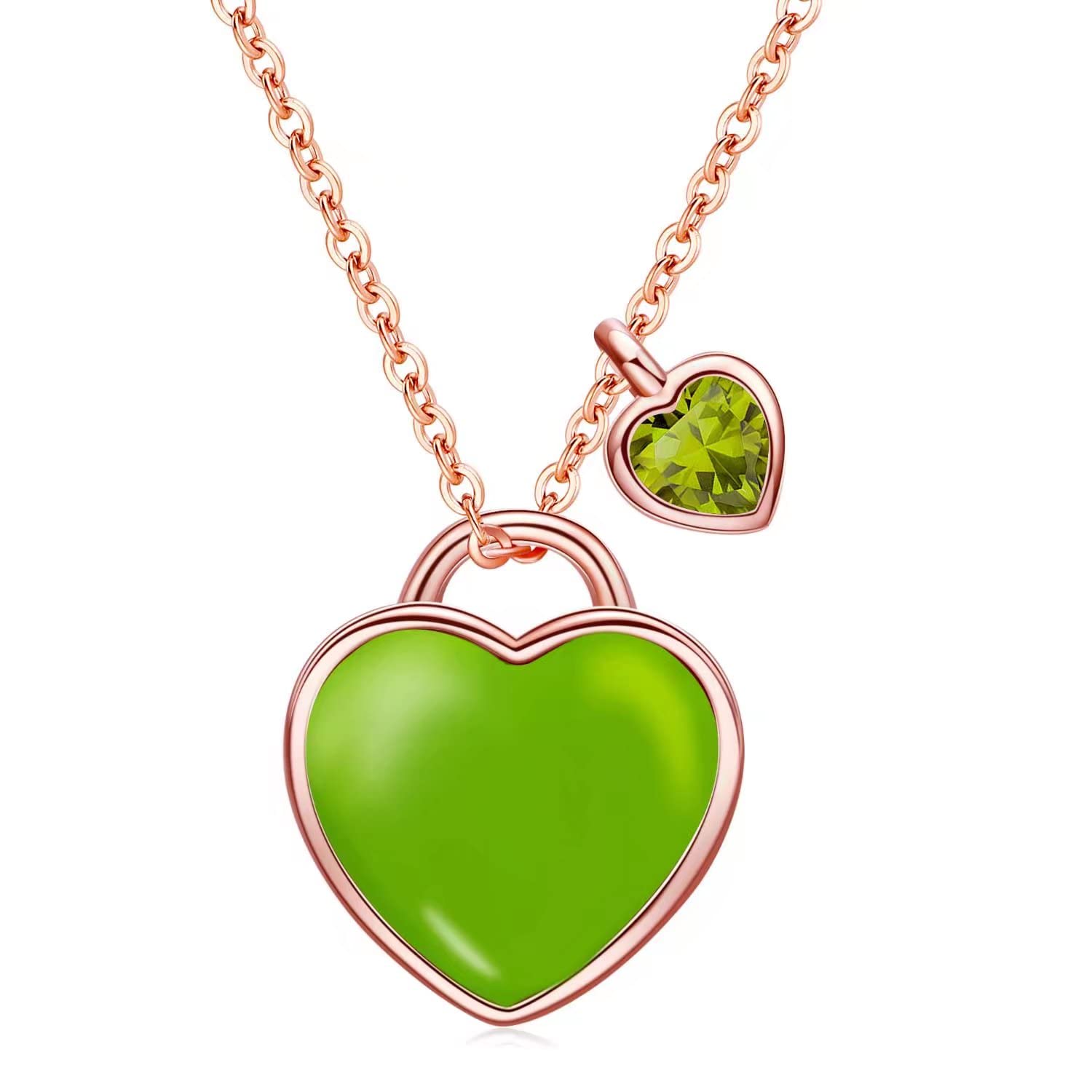 Qings August Peridot Birthstone Necklace - Olive Green Cubic Zirconia 925 Sterling Silver Platinum Plated Rose Gold Double Heart Pendant Love You Forever Adjustable Chain Present for Mother Mom