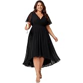 Ever-Pretty Plus Women's High Low Plus Size Cocktail Wedding Guest Dresses | V-Neck, Short Sleeve, Chiffon, Ruched Bust, Empire Waist, Plus Size Semi Formal Dresses
