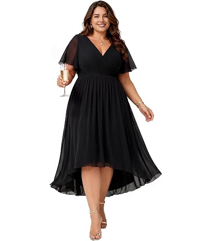 Plus Size Black Wedding Guest Dress - High Low Midi V Neck Dress Women