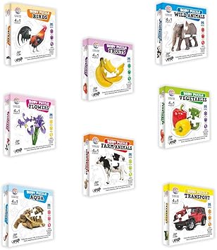 Ratnas educational pack of 8 baby jigsaw puzzle farm animal , wild animal ,fruits , vegetables, aqua animals, transport , birds and flowers for kids to learn all the essential things of life together