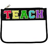 Teacher Appreciation Gifts Clear Makeup Letter Bag Pencil Bag Chenille Letter Patches Makeup Zipper Pouch Graduation Retirement Birthday Teacher Gifts for Women(Teach-black)