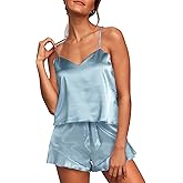 Aamikast Womens Silk Satin Pajama Sets Sexy Cami Ruffled Shorts Sets 2 Piece Pjs Sleepwear