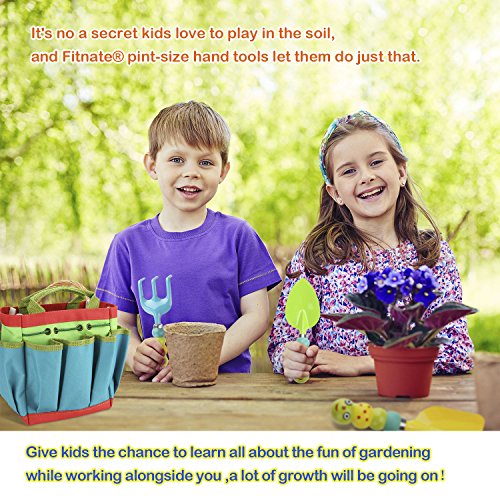 FITNATE Green Kids Garden Tools Set,6 PCS Garden Tools Including Watering Can, Shovel, Rake, Fork, Children Gardening Gloves And Garden Tote Bag, All In One Set
