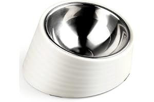 Uppetly Tilted Angle Dog Bowl, 15° Slanted Stainless Steel Dog Cat Food Bowl, Non-Slip & Non-Spill Pet Feeder with Elevated Detachable Melamine Stand, Easy to Get Food Dog Dish, Medium 1.5 Cup White