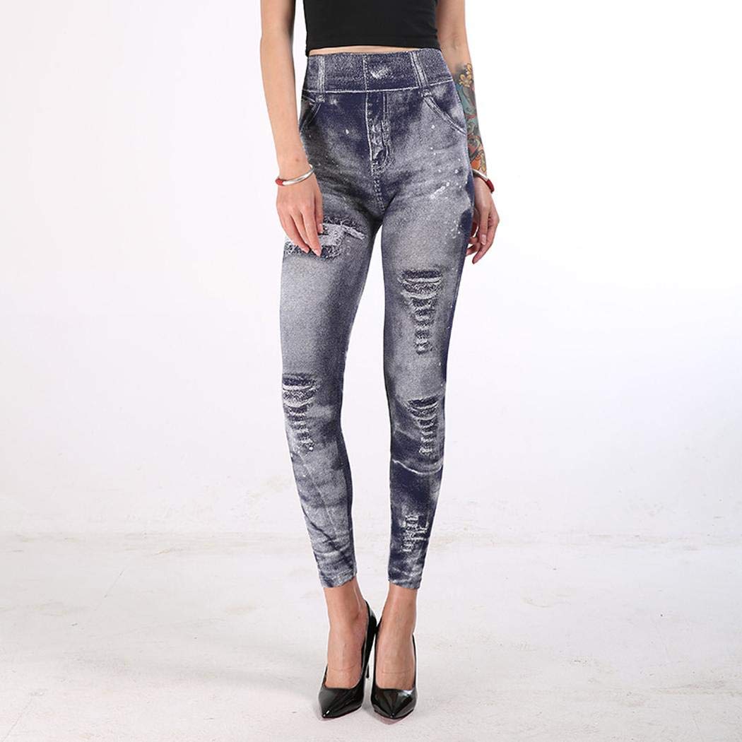 milene88 Women Fashion Print Long Straight Skinny Pants High Waisted Yoga Leggings Leggings Navy Blue