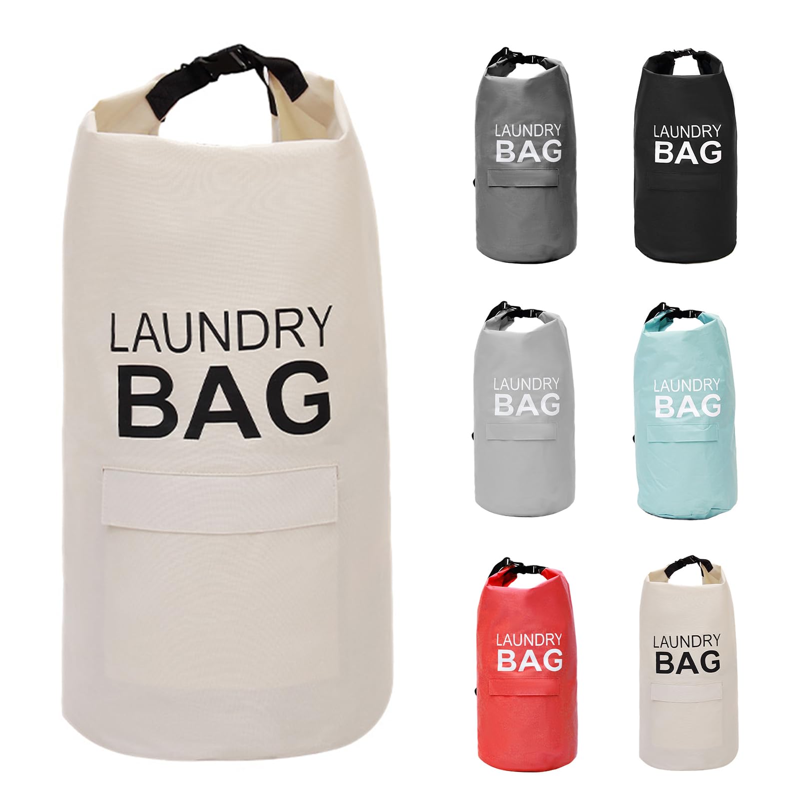 CosyLife Backpack Laundry Bag with Shoulder Straps and Pocket Durable Oxford Clothes Hamper Bag with Buckle Rollable Closure for College, Travel, Laundromat, Apartment (Off-White)