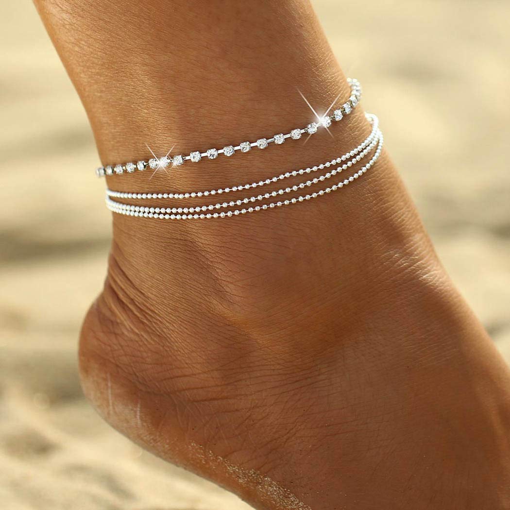 Yean Silver Anklet Crystal Ankle Bracelet Layered Foot Chain for Women and Girls