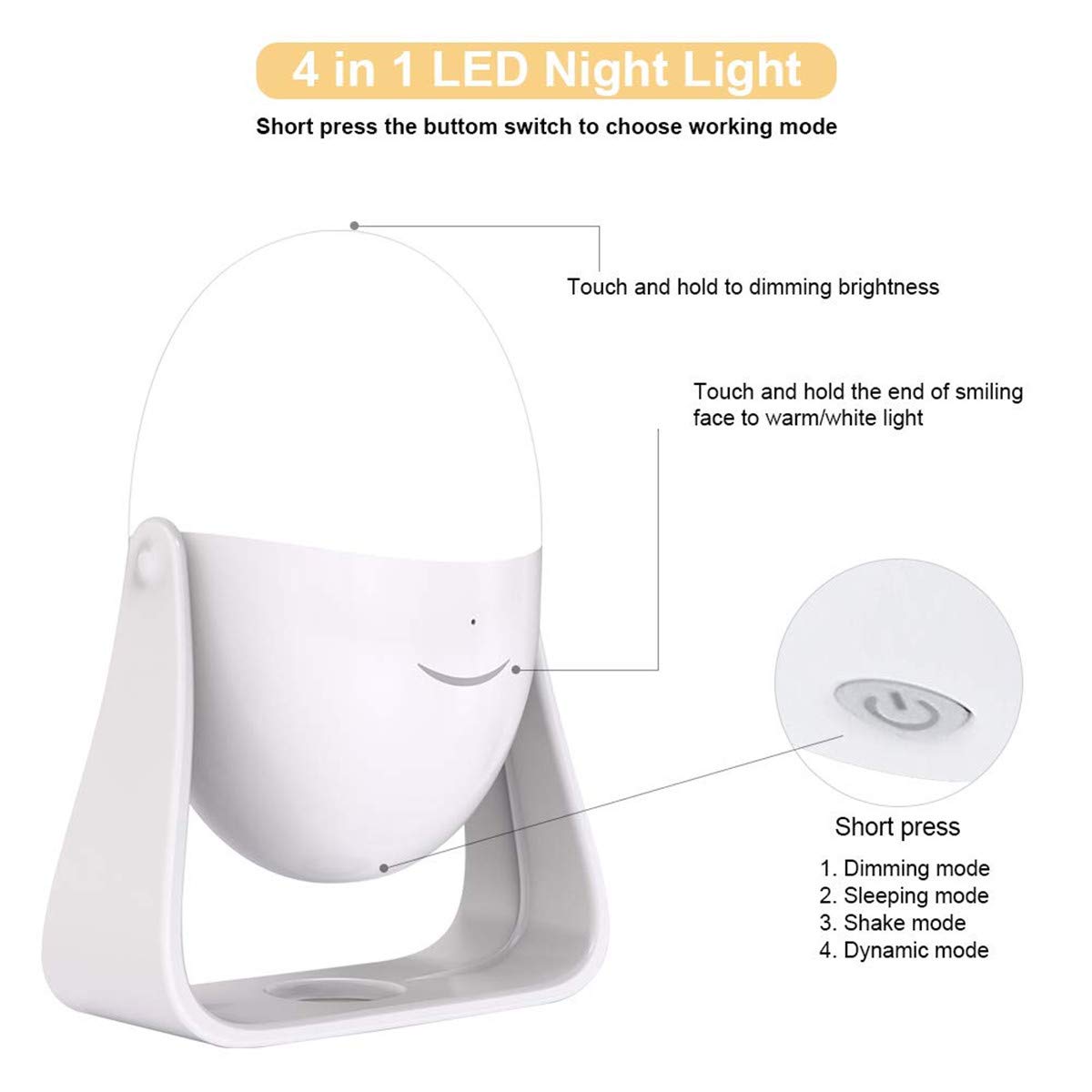 Ranipobo Baby Night Light with Shake Changing Color Mode, LED Nursery Bedside Lamp with Touch Control Dimming Function Rechargeable Baby Night Light for Breastfeeding, 4 Lighting Modes