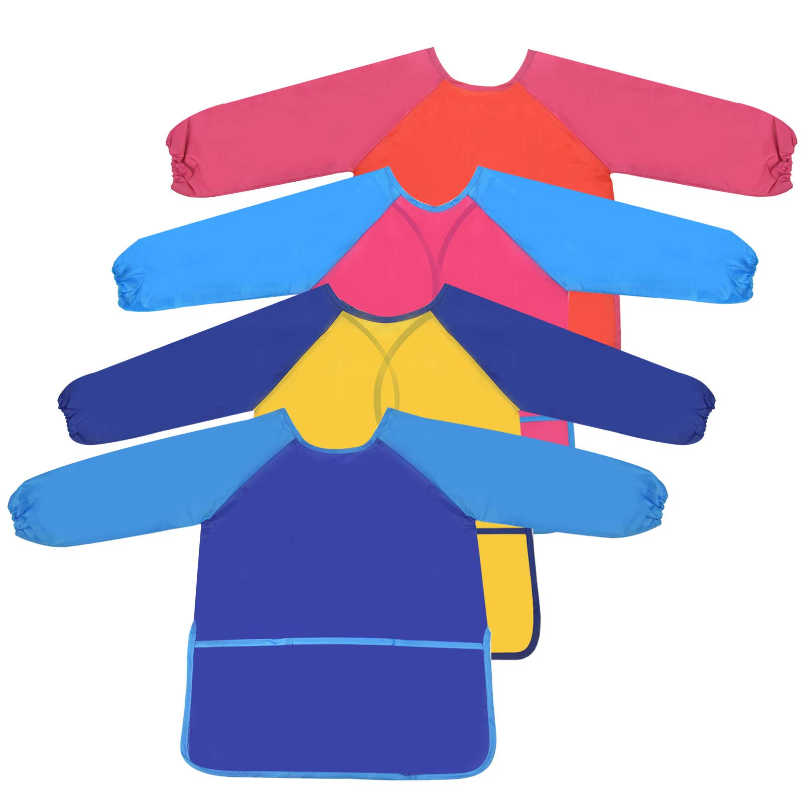 Fangehong 4 Pack Kids Aprons for Painting, Kids Art Aprons, Children Craft Apron with Pockets & Long Sleeve, Waterproof Toddler Painting Smocks for Age 5-10 Years Boys & Girls Cooking Baking (Medium)