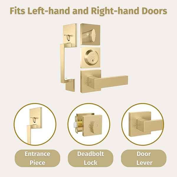MEGA HANDLES – TOBELLE ENTRY DOOR HANDLESET IN SATIN BRASS FINISH – SINGLE CYLINDER HANDLESET WITH LEVER FOR ENTRANCE AND FRONT DOORS – MODERN DOOR HANDLES FOR LEFT AND RIGHT-HANDED DOORS