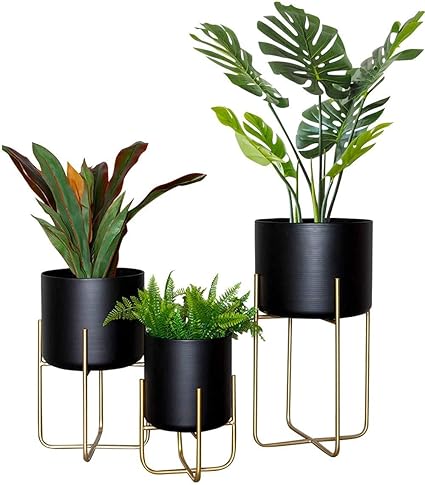UV Planters with Metal Stand | Plant Pot with Gold Metal Stand | Matches Mid Century Modern Living Rooms | Container Box for Patio, Deck, Porch, Garden, Lawn || Pack of 3 (Black)