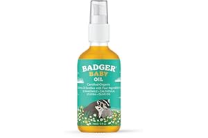 Badger Baby Oil, 100% Organic Ingredients to Soften & Moisturize Dry Skin or Cradle Cap, Soothing Vegan Organic Baby Oil, 4 fl oz Glass Bottle