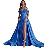 SXRJK Luxury Beaded Sequins Prom Dresses for Women 2026 with Slit Train Off The Shoulder Evening Gowns