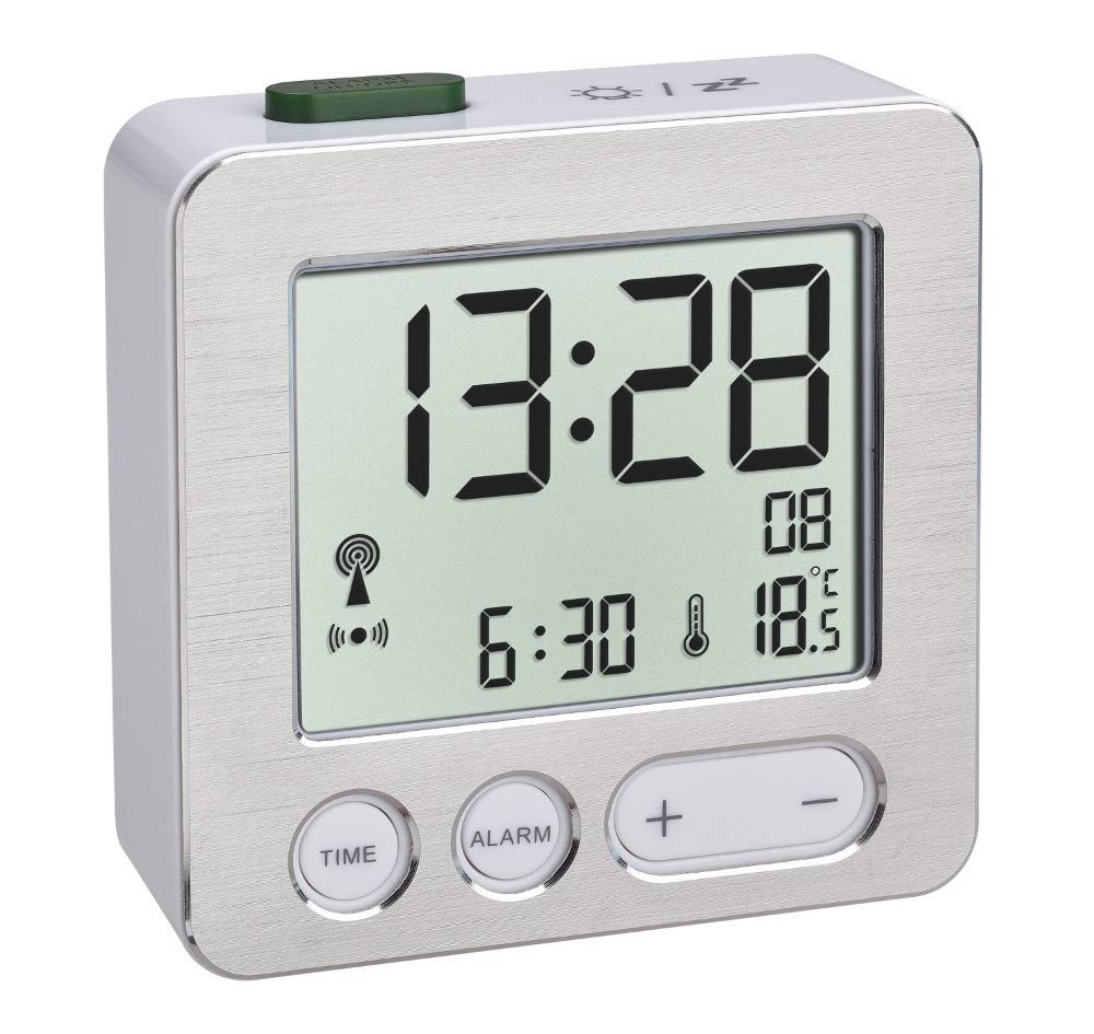 TFA Dostmann 60.2545.54 Digital radio-controlled alarm clock, plastic, white/silver, L 66 x W 22 x H 68 mm
