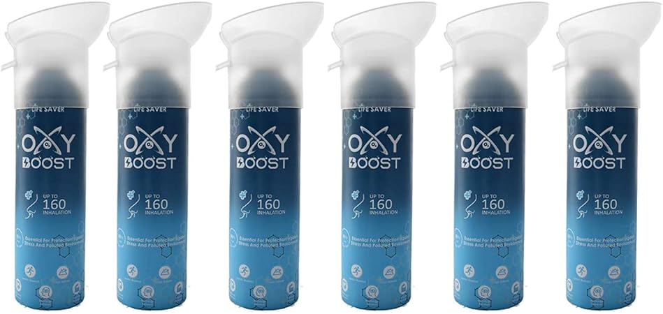 OXY BOOST Natural Portable Oxygen Cylinder Cane with Inbuilt Mask, (9 Litre) (160 Breaths Approx.) Pack of 6