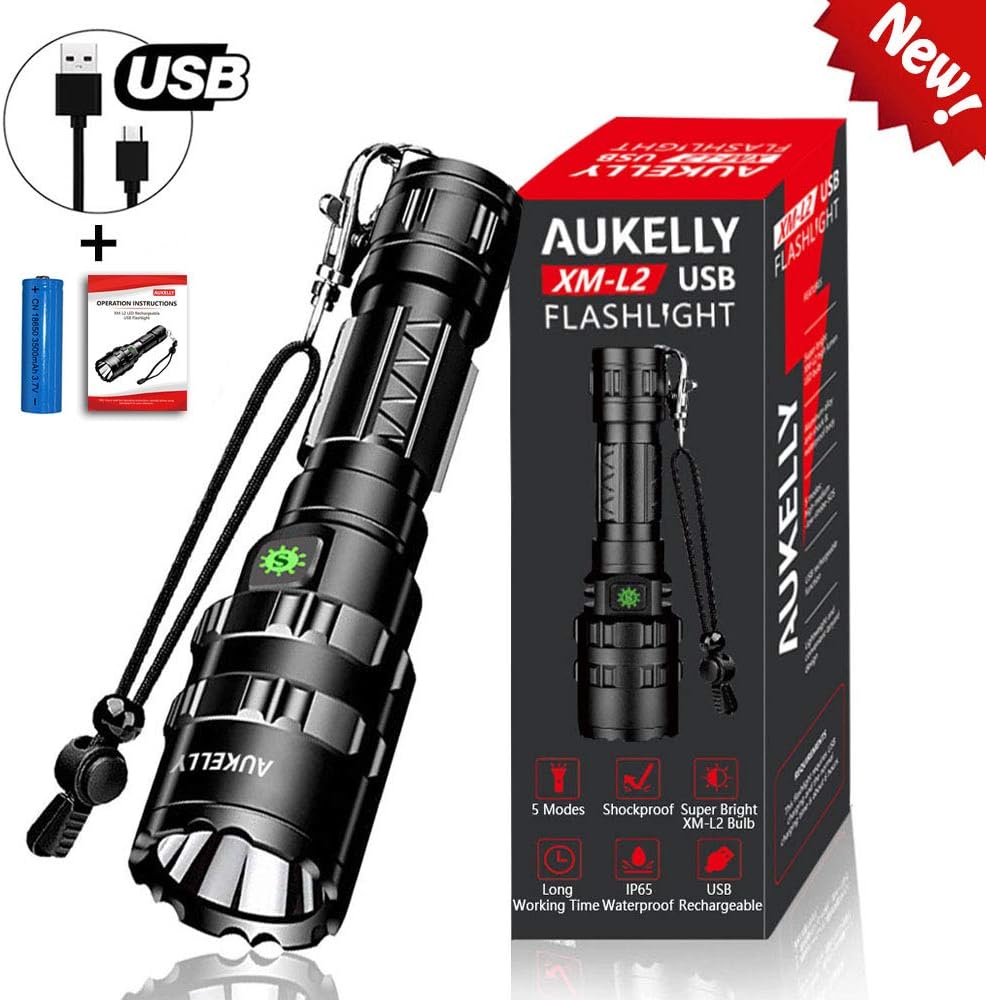 Aukelly LED Torch Rechargeable Flashlight L2 Torches USB Torch LED