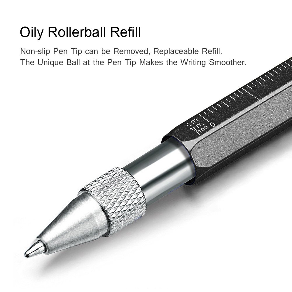 Alintor Multi Pen with Stylus, Multi Functional Pocket Tool, Touch Screen Stylus Pen, Ballpoint Pen with Scale Ruler, Sturdy Aluminum DIY Tool, Gifts for Men (Black)