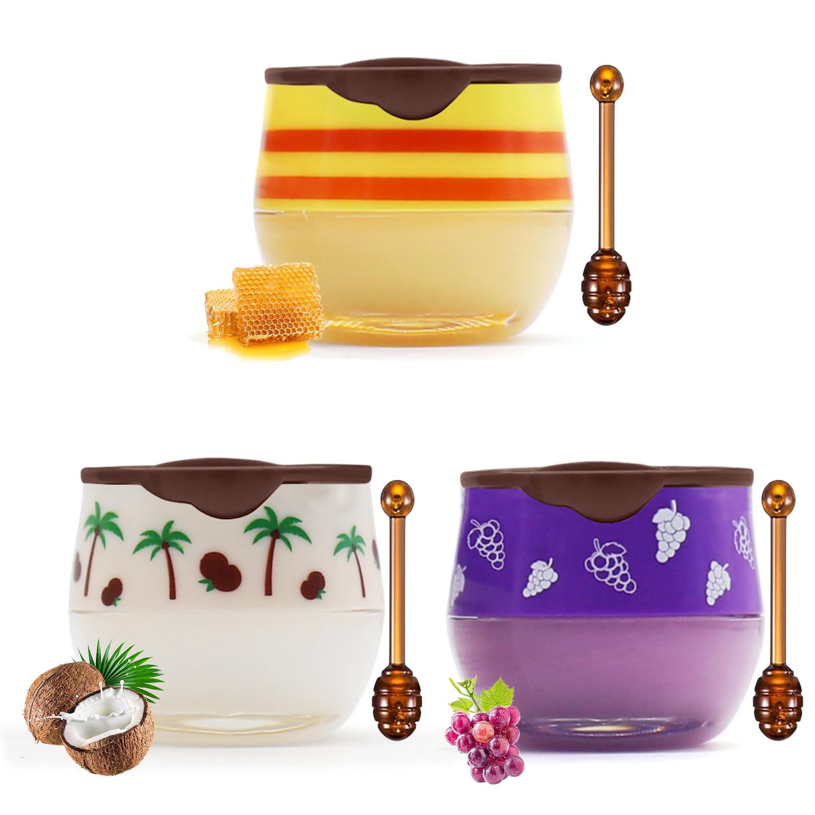 Colaren 3 PCS Honey Lip Bee Balm, Moisturizer Coconut Grape Honey Lip Balm UK Lips, for Dry Chapped Peeling Lips