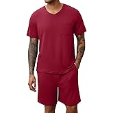 Ekouaer Mens Pajamas Set Soft Lounge Set V Neck Sleep Nightwear Short Sleeve Pjs with Pocket S-XXL
