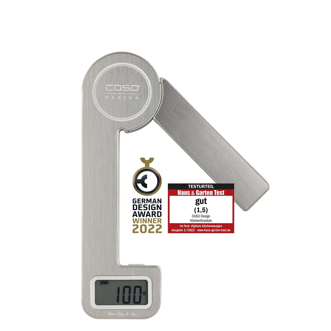 CASO Kitchen Ecostyle Design Kitchen Scales with Kinetic Energy, No Batteries Required, Up to 5 kg in 1 g Steps, Extra Flat, Stainless Steel