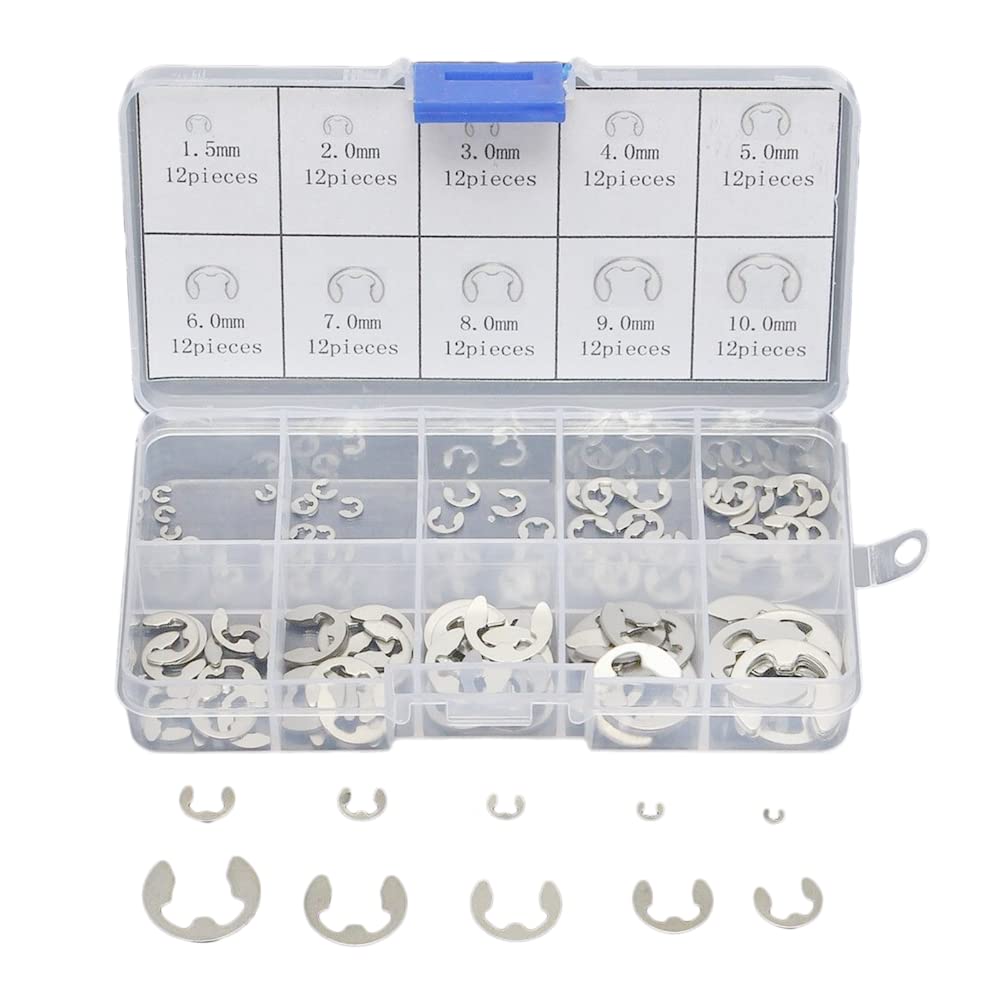 DollaTek 120Pcs 304 Stainless Steel E-Clip Retaining Circlip Assortment Kit 1.5mm to 10mm