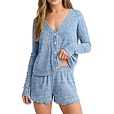 REVETRO Womens Sexy Pajama Sets Button Down Lounge Set 2 Piece Long Sleeve Knit Sweater Shorts Pajamas Spring Outfits