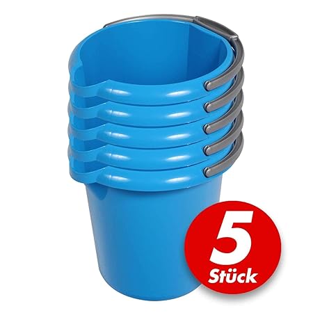 Putzeimer Set - 5 Stück mit Ausguss und Skala, 5 Liter - Eimer rund, Wassereimer Kunststoff, Haushaltseimer Plastik - verschi