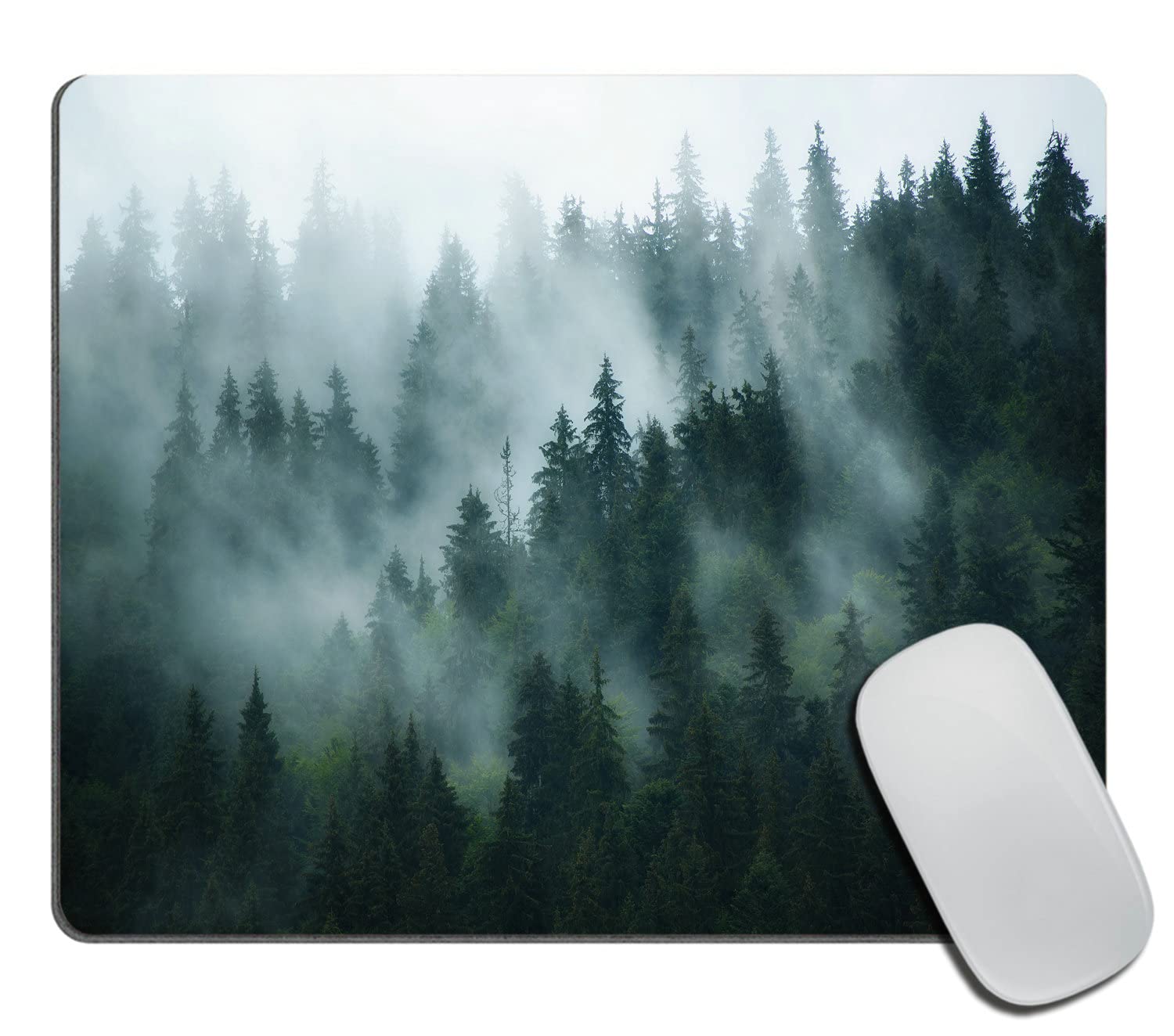 Photo 1 of Misty Forest Mouse Pad,Nature Pine Trees Scenic Foggy Mountain Cool Woodsy Landscape Woodland Customized Non-Slip Rubber Base Mousepads, Computer Mouse Pads for Wireless Mouse 9.5×7.9×0.12 inches